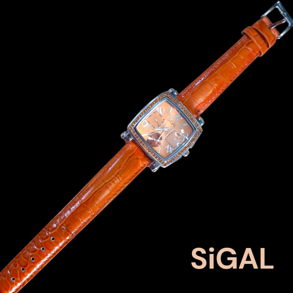 SiGAL Modern Orange Leather Strap Watch with Metallic Case
